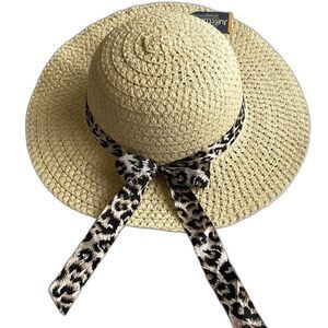 Juncture NWT Tan Straw Beach Sun Hat W/ Leopard Ribbon Bow